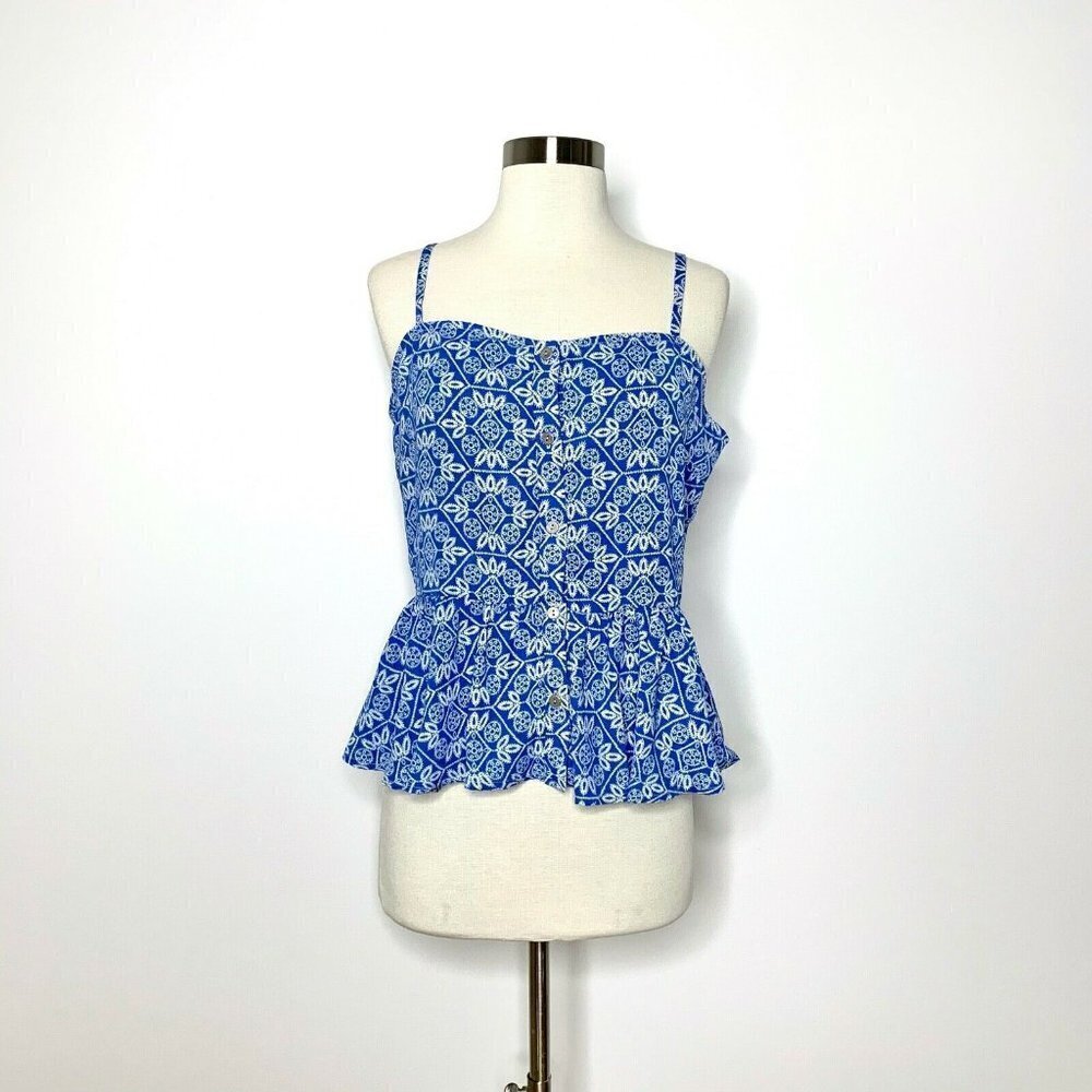 B. JEWEL Women's Medium Top Blue White Geometric Tank‎ Button Front Adj Straps